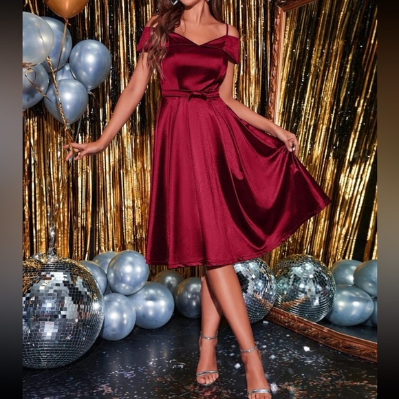 Luxe cold shoulder party formal satin dress